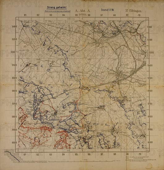 Top Secret World War I Map of Northeastern France near German Border Showing German Military Positions, January 1, 1918