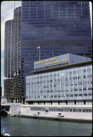 Chicago Sun-Times, Chicago Daily News Building with Marina Towers in Background along Chicago River, Chicago, Illinois, USA, 1972
