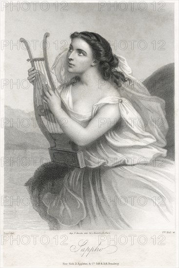 Sappho (603-570 BC), Archaic Greek Lyric Poet with Lyre, Engraving