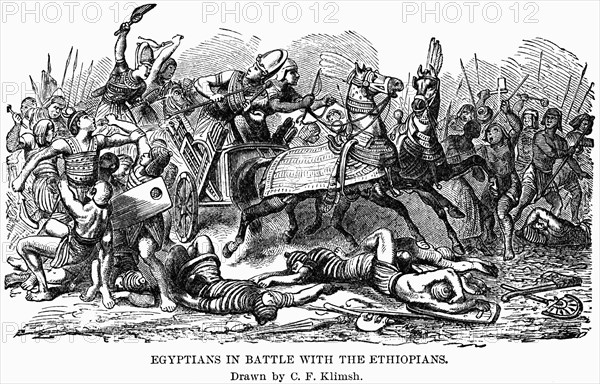 Egyptians in Battle with Ethiopians, Illustration by C.F. Klimsh, Cyclopaedia of Universal History, Volume 1, The Ancient World, by John Clark Ridpath, the Jones Brothers Publishing Company, 1885