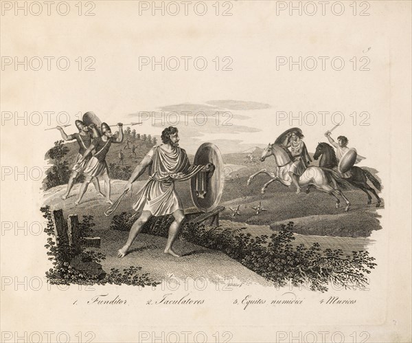 1. Funditor 2. Faculatores 3. Equites Numidici 4. Murices, Roman Empire, Engraving, G. Dobler, 1819