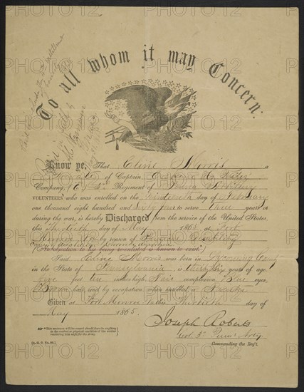 U.S. Government Certificate to Discharge Private Cline Morris from Co. E, 3rd Pennsylvania Heavy Artillery Regiment, American Civil War, USA, 1865