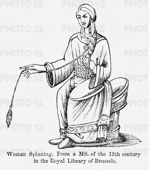 Woman Spinning From a Manuscript of the 12th century in the Royal Library of Brussels, Illustration from John Cassell's Illustrated History of England, Vol. I from the earliest period to the reign of Edward the Fourth, Cassell, Petter and Galpin, 1857