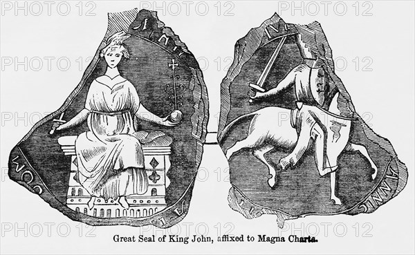 Great Seal of King John, affixed to Magna Charta, Illustration from John Cassell's Illustrated History of England, Vol. I from the earliest period to the reign of Edward the Fourth, Cassell, Petter and Galpin, 1857