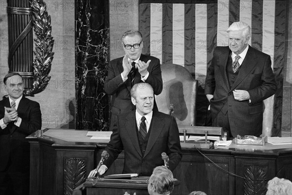 U.S. President Gerald Ford Delivering the State of the Union Address, Vice President Nelson Rockefeller and Speaker of the House of Representatives Tip O'Neill Standing in Background, Washington, D.C., USA, photograph by Thomas J. O'Halloran, January 12, 1977