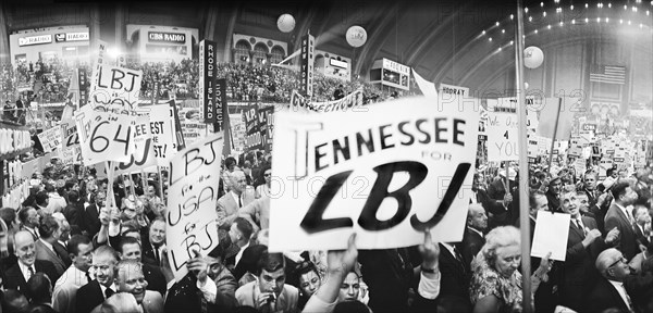 Delegates with LBJ signs on floor of Democratic National Convention, Boardwalk Hall