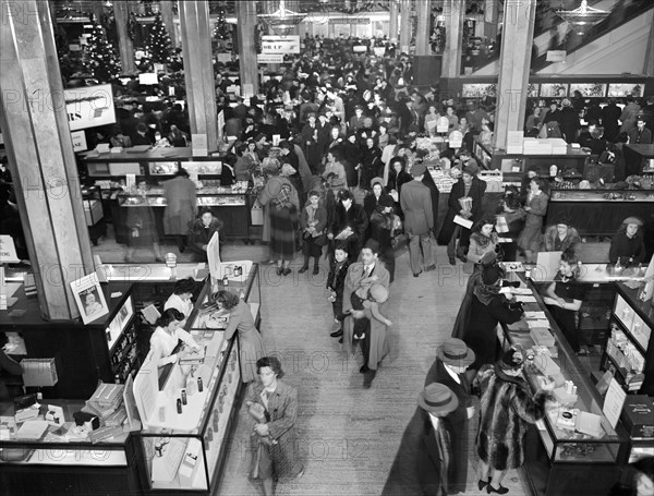 High angle view of customers in R.H. Macy department store week before Christmas, New York City, New York, USA, Marjory Collins, U.S. Office of War Information, December 1942