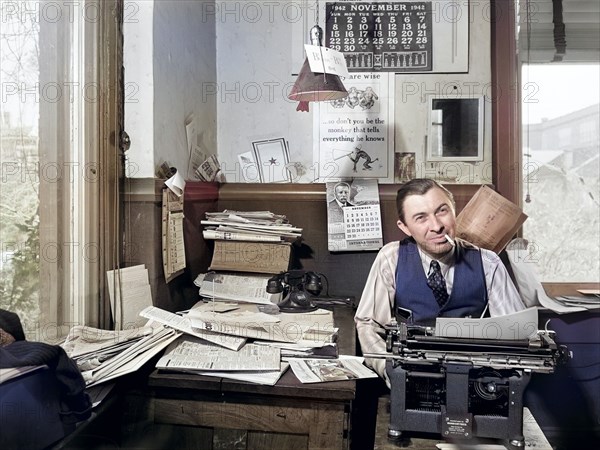 William N. Young, publisher of the Record-Express. Many printers can get better wages in defense work, and paper may fold due to lack of help and national advertising, Lititz, Pennsylvania, USA, Marjory Collins, U.S. Office of War Information, November 1942