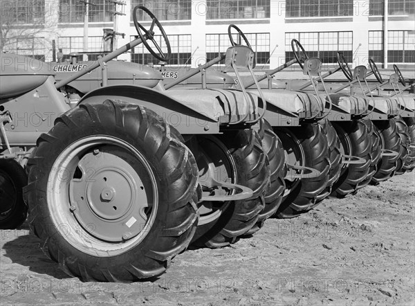 Tractors, farm equipment warehouse, Oklahoma City, Oklahoma, USA, Russell Lee, U.S. Farm Security Administration, February 1940