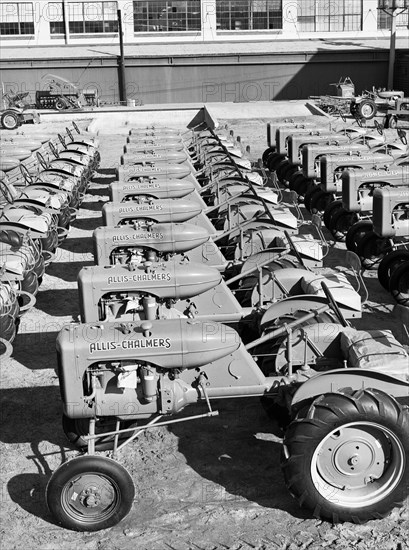 Tractors, farm equipment warehouse, Oklahoma City, Oklahoma, USA, Russell Lee, U.S. Farm Security Administration, February 1940