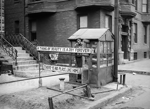 Candy stand with owner, South Side, Chicago, Illinois, USA, Russell Lee, U.S. Farm Security Administration, April 1941