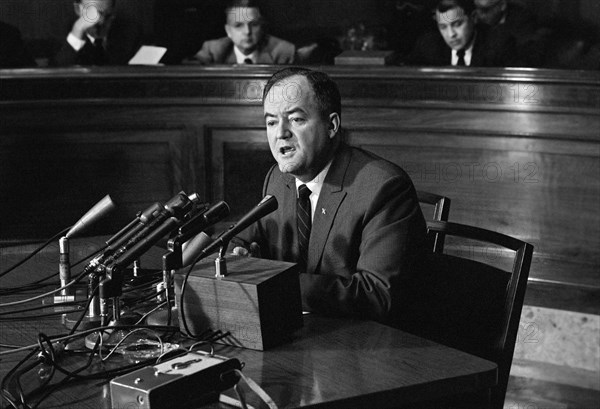 U.S. Senator Hubert Humphrey announcing that he will run for U.S. President, Washington, D.C., USA, John T. Bledsoe, U.S. News & World Report Magazine Photograph Collection, December 30, 1959