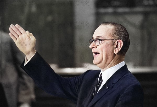 U.S. Senator Lyndon B. Johnson gesturing during press conference, John T. Bledsoe, U.S. News & World Report Magazine Photograph Collection, July 5, 1960