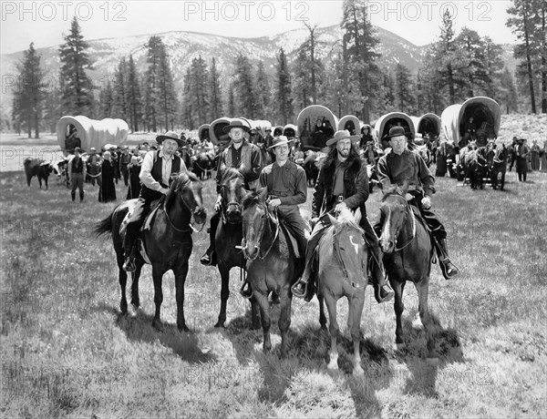 Tyrone Power, John Carradine, on-set of the film, "Brigham Young", 20th Century-Fox, 1940