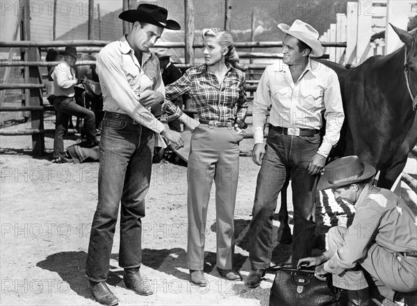 Scott Brady, Joyce Holden, Don Haggerty, Bill Baldwin, on-set of the film, "Bronco Buster", Universal Pictures, 1952