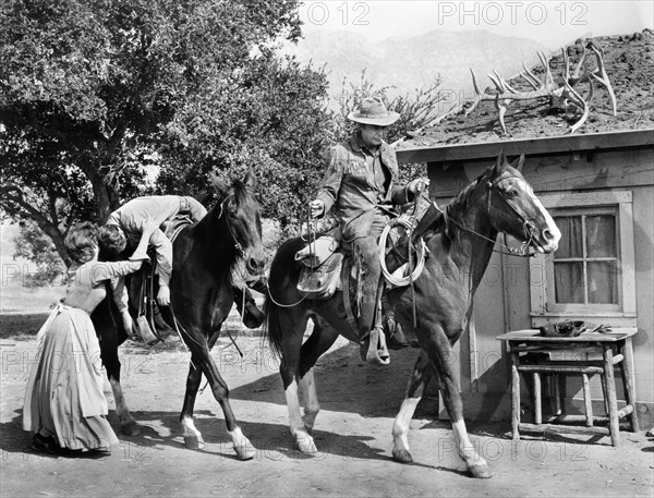 Barbara Hale, Bill Williams, Barry Sullivan, on-set of the film, "Buckskin", Paramount Pictures, 1968