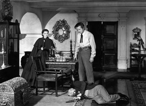 Barbara Stanwyck, Ray Milland, George Coulouris, on-set of the film, "California", Paramount Pictures, 1947