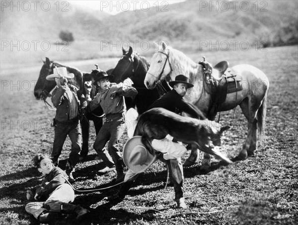 Maurice Murphy (on ground), Edmund Cobb, Dynamite the dog, on-set of the silent film, "The Call Of The Heart", Universal Pictures, 1928