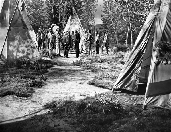 George "Gabby" Hayes, Randolph Scott, on-set of the film, "The Cariboo Trail", 20th Century-Fox, 1950