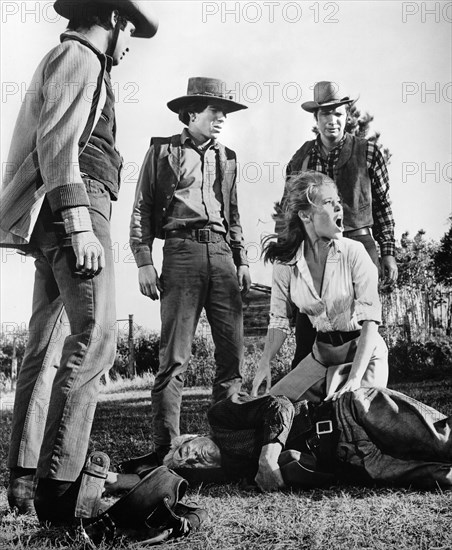 Michael Callan, Tom Nardini, Jane Fonda, Dwayne Hickman, John Marley, on-set of the film, "Cat Ballou", Columbia Pictures, 1965