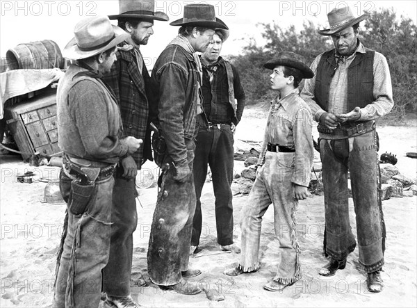 Bob Steele, Henry Brandon, Joel McCrea, Chill Willis, Dean Stockwell, Howard Petrie, on-set of the film, "Cattle Drive", Universal Pictures, 1951