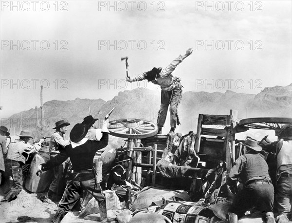 The Apache fighting Union soldiers, on-set of the film, "The Last Outpost", Paramount Pictures, 1951, re-released as "Cavalry Charge", Citation Films, 1962