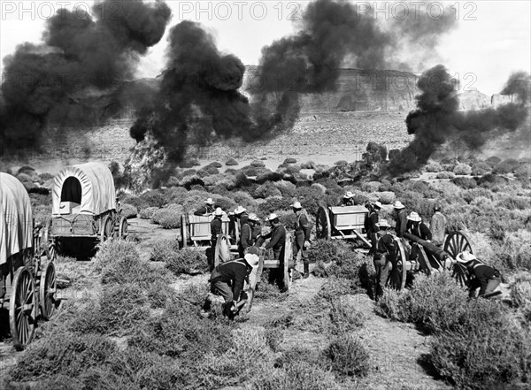 U.S. Army fighting the Cheyenne, on-set of the film, "Cheyenne Autumn", Warner Bros., 1964