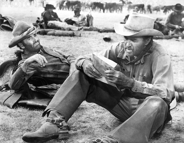 Henry Fonda, James Stewart, on-set of the film, "The Cheyenne Social Club", National General Pictures, 1970