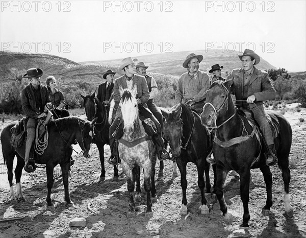 Audie Murphy, George Tobias, Ruta Lee, Edward Platt, Alan Hale, Jr., on-set of the film, "Bullet For A Badman", Universal Pictures, 1964