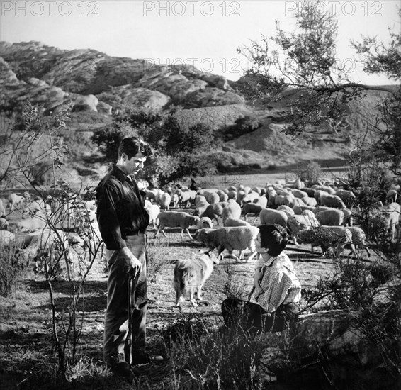 Rory Calhoun, Jean Simmons, on-set of the film, "A Bullet Is Waiting", Columbia Pictures, 1954