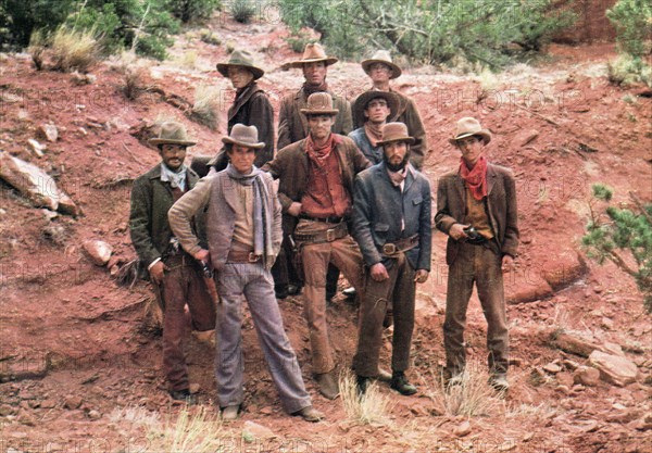 Tom Berenger (2nd left), on-set of the film, "Butch And Sundance: The Early Days", 20th Century-Fox, 1979