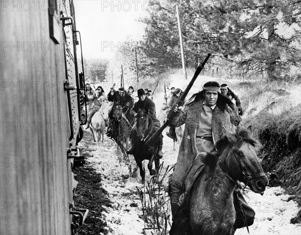 Native American bandits attempting train robbery, on-set of the film, "Breakheart Pass", United Artists, 1976