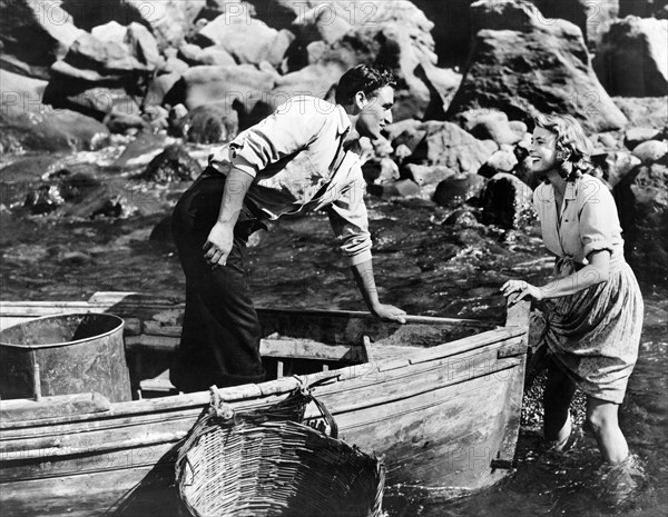 Mario Vitale, Ingrid Bergman, on-set of the Italian-American film, "Stromboli", Italian: "Stromboli, terra di Dio", RKO Radio Pictures, 1950