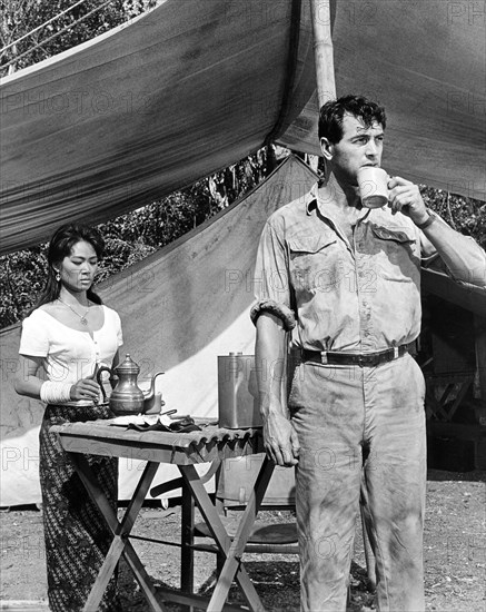 Judy Dan, Rock Hudson, on-set of the film, "The Spiral Road", Universal Pictures, 1962