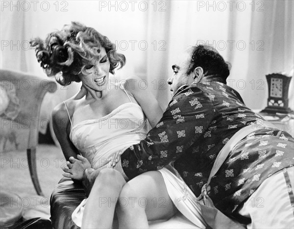 Raquel Welch, James Coco, on-set of the film, "The Wild Party", American International Pictures, 1975