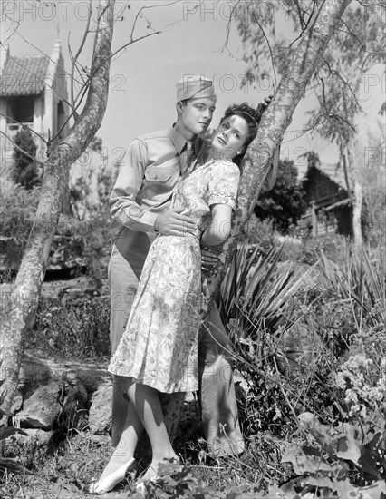 Mark Daniels, Jo-Carroll Dennison, on-set of the film, "Winged Victory", 20th Century-Fox, 1944