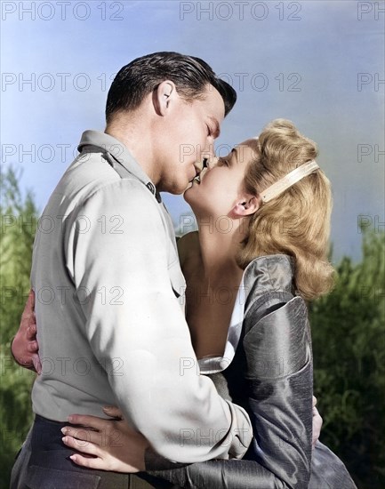 Hugh Marlowe, Nancy Gates, on-set of the film, "World Without End", Allied Artists, 1956