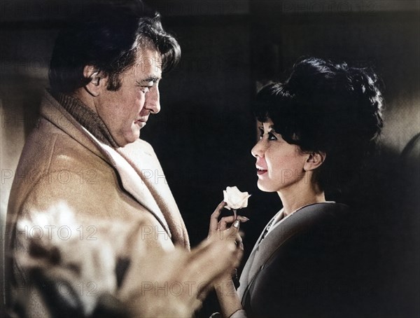 Robert Mitchum, Kishi Keiko, on-set of the film, " The Yakuza", Warner Bros., 1974