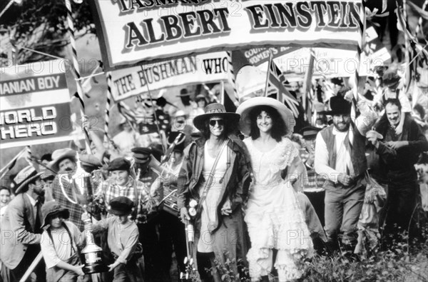 Yahoo Serious, Odile Le Clezio, on-set of the Australian film, "Young Einstein", Warner Bros., 1988