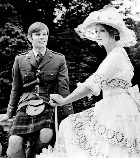 Michael York, Alexandria Stewart, on-set of the British film, "Zeppelin", Warner Bros., 1971