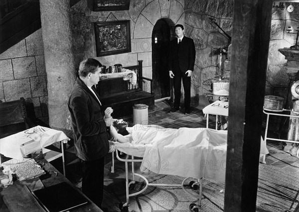 Howard Vernon (left), on-set of the Spanish-French film, "The Awful Dr. Orlof", original Spanish title", "Gritos en la noche," Delta Films, 1962