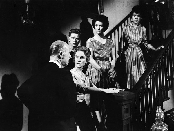 Gavin Gordon, Lenita Lane, Agnes Moorehead, Elaine Edwards, Darla Hood, on-set of the film, "The Bat", Allied Artists, 1959