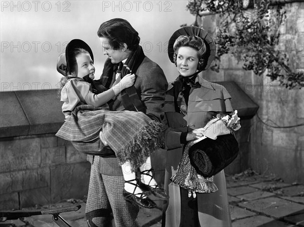 Sharyn Moffett, Russell Wade, Edith Atwater, on-set of the film, "The Body Snatcher", RKO Radio Pictures, 1945