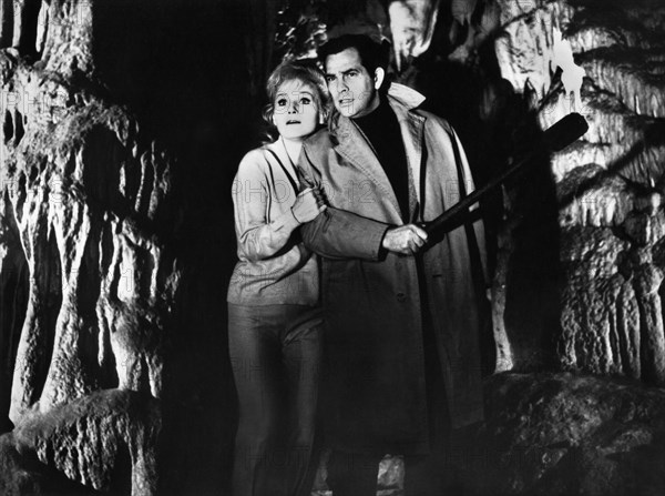 Karin Field, Adrian Hoven, on-set of the German/Yugoslav film, "Cave Of The Living Dead", aka "Night Of The Vampires", original title: "Der Fluch der grünen Augen", Schneider-Filmverleih, 1964, Trans-Lux Distributing Corporation (USA), 1966