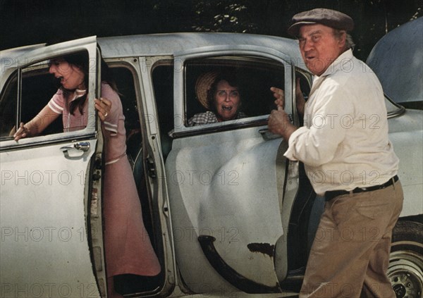 Karen Brooks, Evelyn Hendricks, Dub Taylor, on-set of the film, "Creature From The Black Lake", Howco International Pictures, 1976