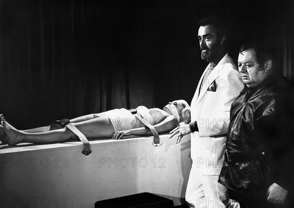 Sivi Aberg, John Considine, Leon Askin, on-set of the film, "Doctor Death: Seeker Of Souls", Cinerama Releasing Corporation, 1973