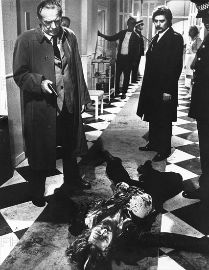 Arthur Kennedy (left with handgun), on-set of the Spanish-Italian film, "Don't Open The Window", aka "Let Sleeping Corpses Lie", Spanish title: "No profanar el sueño de los muertos,", Italian title: "Non si deve profanare il sonno dei morti", Fida Cinematografica, Mercurio Films S.A., Hallmark Releasing, 1974