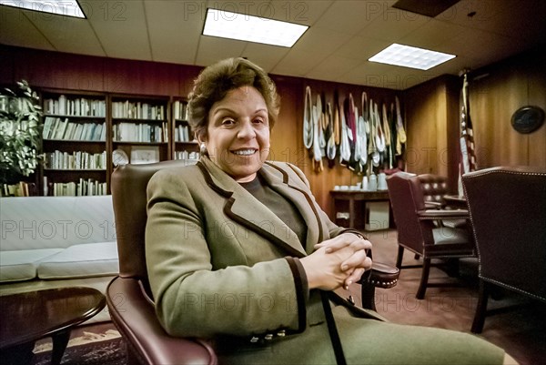 Donna Shalala, U.S. Secretary of Health and Human Services, half-length portrait seated in her office, Washington, D.C., USA, Michael Geissinger, 1998