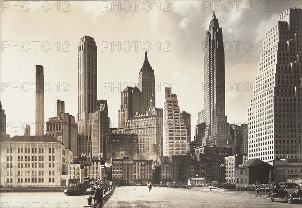 Manhattan skyline, South Street and Jones Lane, New York City, New York, USA, Berenice Abbott, Federal Art Project, "Changing New York", March 1936