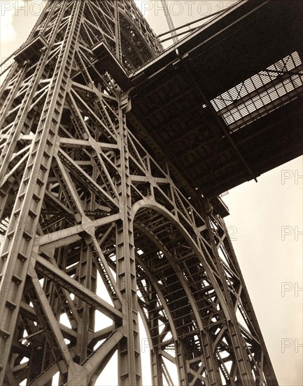 George Washington Bridge, low angle view detail, Riverside Drive and 179th Street, New York City, New York, USA, Berenice Abbott, Federal Art Project, "Changing New York", January 1936